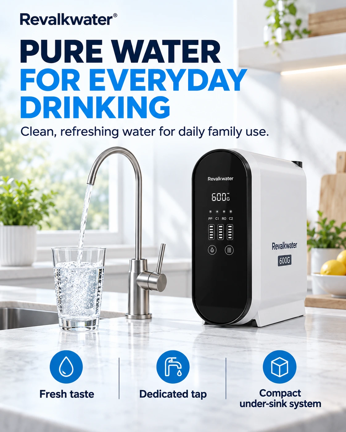 600 GPD reverse osmosis system with dedicated tap and everyday drinking water