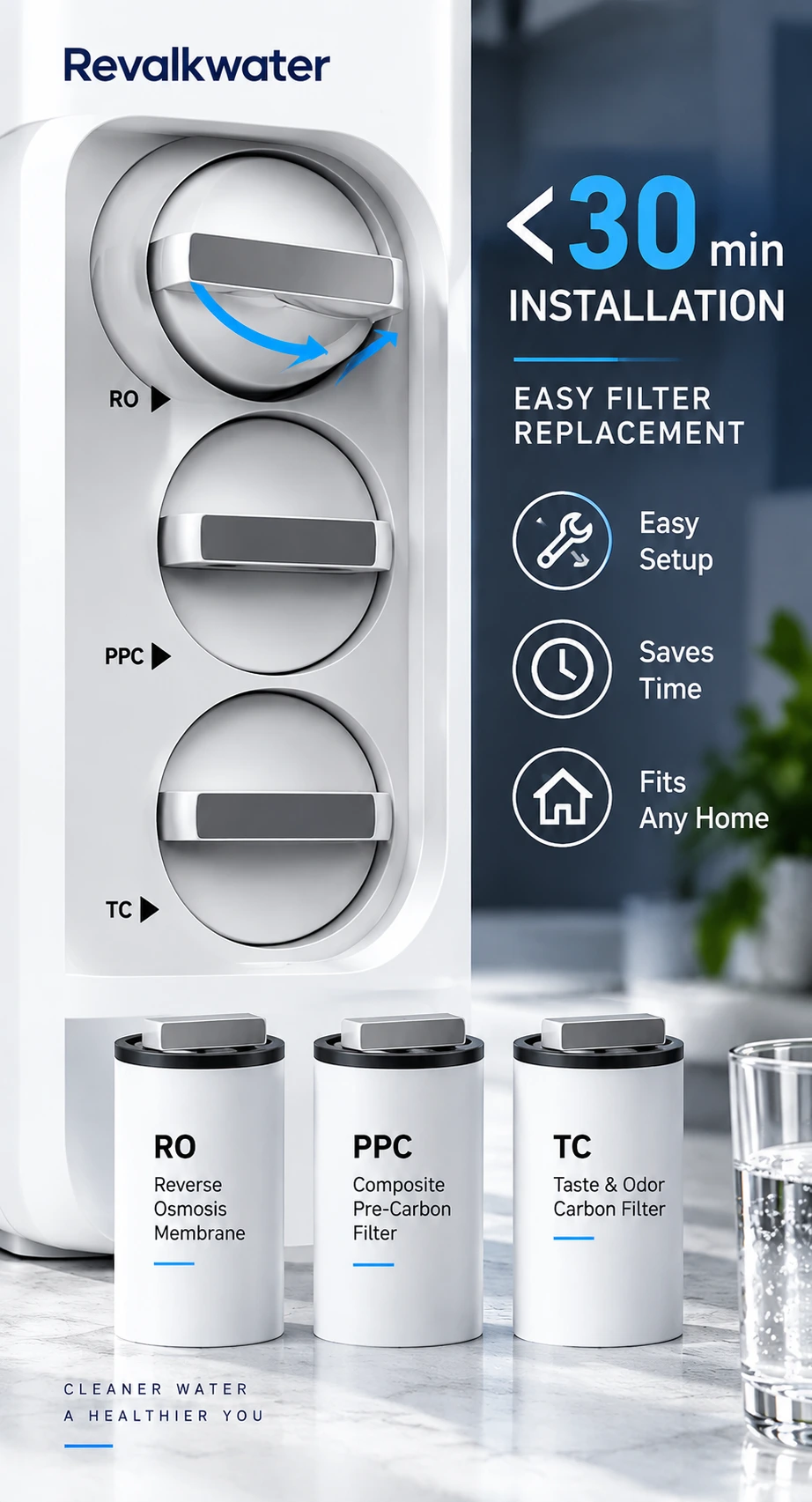Quick-change filter cartridges and easy installation infographic for the 600 GPD system