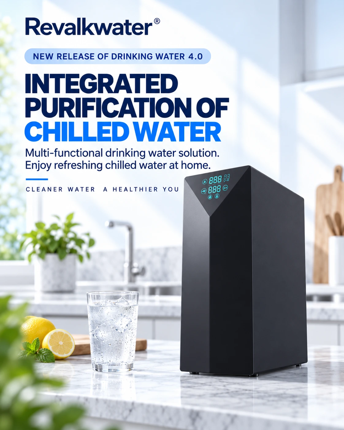 Integrated chilled-water purification system on a kitchen counter