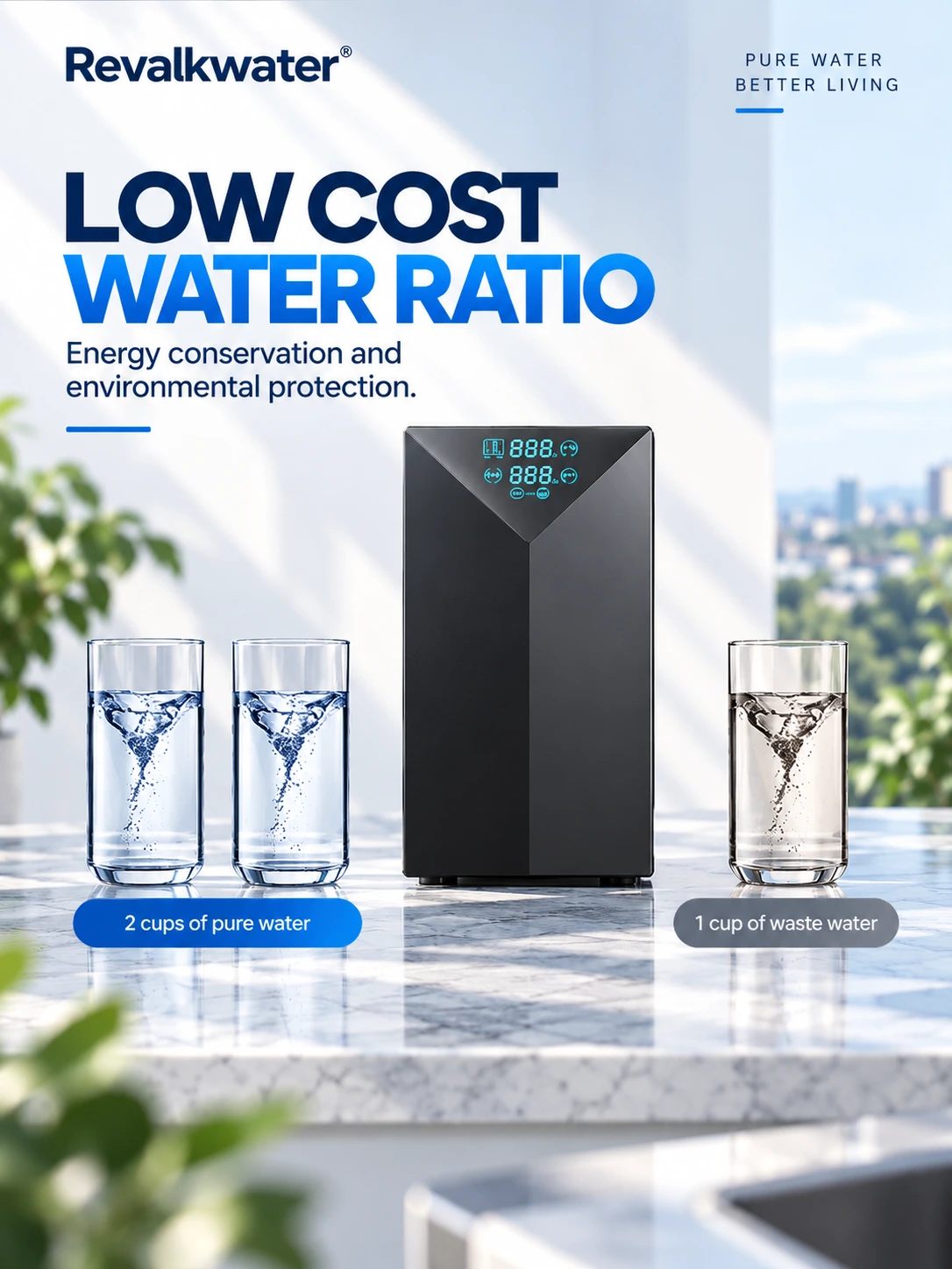 Two cups pure water to one cup waste water ratio graphic